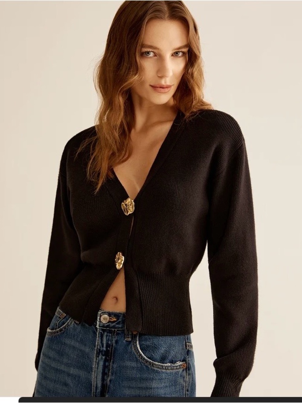 #983 Commense New With Tags Black V-Neck Cardigan with Gold Buttons